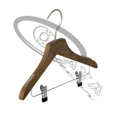 Wooden coat hanger with trouser bar with two clips